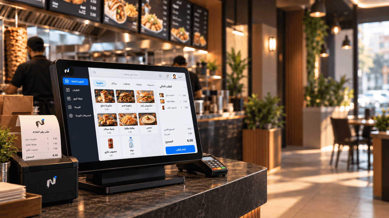 واجهة Notify Restaurant على شاشة نقطة البيع بجانب منيو عربي يستعرضه العميل من هاتفه