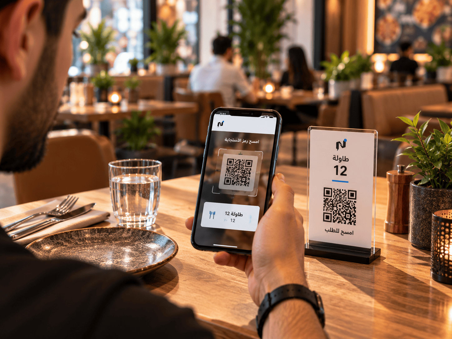 شاشة المنيو الإلكتروني في Notify Restaurant والطلب من الطاولة عبر رمز QR